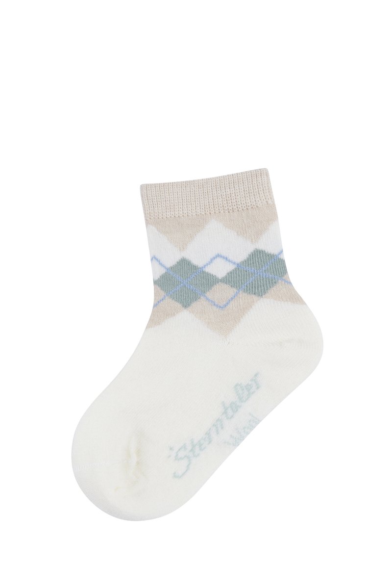 White ankle sock with beige, green, and blue argyle diamond pattern and ribbed cuff.