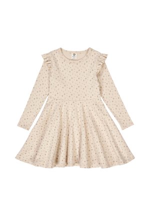 Langarm jurk in beige katoen met een bloemenpatroon, ruches op de schouders en een uitlopende rok.
