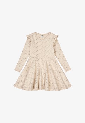 Langärmliges Kleid aus beigem Baumwollstoff mit floralem Muster, Rüschendetails an den Schultern und einem ausgestellt geschnittenen Rock.