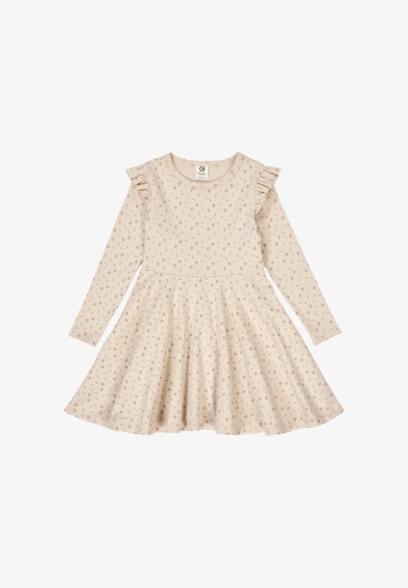 Sukienka z długim rękawem z beżowej bawełny z kwiatowym wzorem, z falbankami na ramionach i rozkloszowanym fasonem spódnicy.