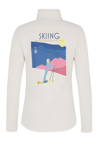 Witte fleece top met lange mouwen, voorzien van een kleurrafisch skibelevenis op de achterkant, met bergen en een skilift in het ontwerp.