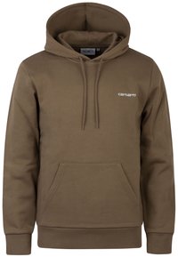 Bruine katoenen hoodie met een kangaroo zak aan de voorkant, een capuchon met trekkoord en een klein wit logo op de borst. Soepele textuur.