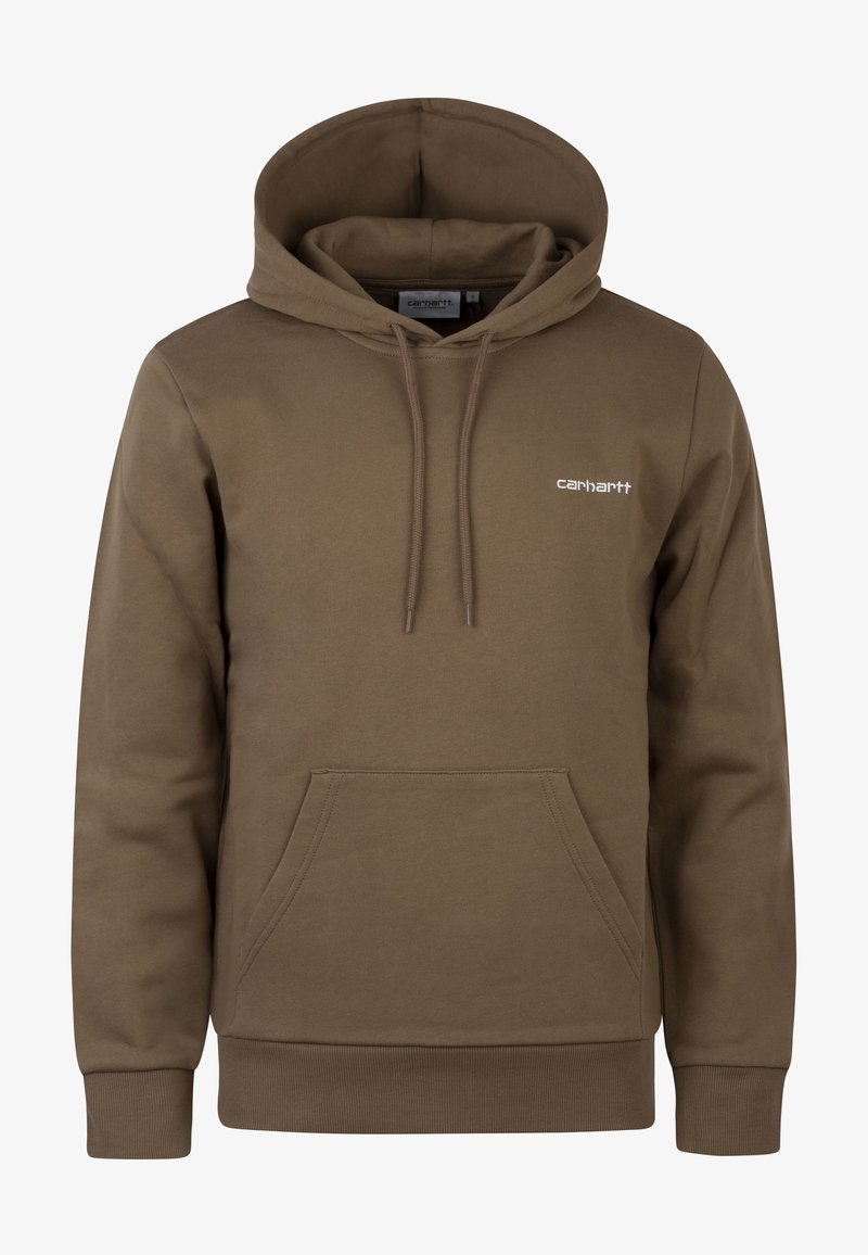 Bruine katoenen hoodie met een kangaroo zak aan de voorkant, een capuchon met trekkoord en een klein wit logo op de borst. Soepele textuur.