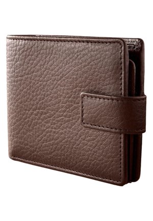 Brown leather wallet featuring a textured surface, a flap closure, and visible stitching along the edges; compact design with multiple card slots.