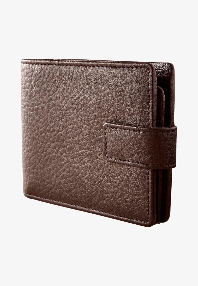 Brown leather wallet featuring a textured surface, a flap closure, and visible stitching along the edges; compact design with multiple card slots.