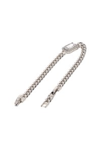 Bracciale in argento con link intrecciati, dotato di una pietra centrale rettangolare circondata da piccoli accenti trasparenti. Finitura in metallo liscia.