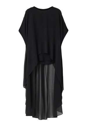 Sort, flydende kjole med lagdelt design, der har en kortærmet top og en lang, gennemsigtig nederdel. Blødt stof med glat tekstur.