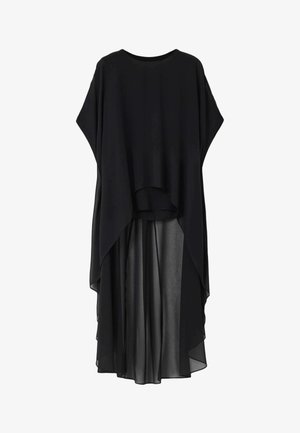 Sort, flydende kjole med lagdelt design, der har en kortærmet top og en lang, gennemsigtig nederdel. Blødt stof med glat tekstur.