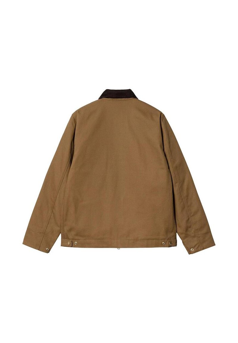 Brown long-sleeve jacket with black collar, buttoned cuffs, and adjustable side tabs, shown from the back on a white background.