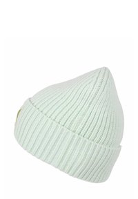 Mint green ribbed knit beanie with a pointed top and folded cuff. Includes a small logo tag near the cuff. Soft texture.