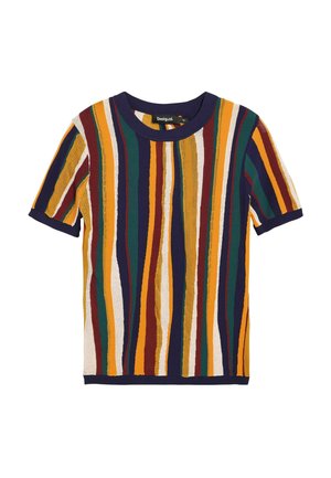Cămașă scurtă cu mâneci scurte tricotată, cu dungi verticale multicolore în galben, verde, roșu și bleumarin, cu guler rotund și tiv striat.