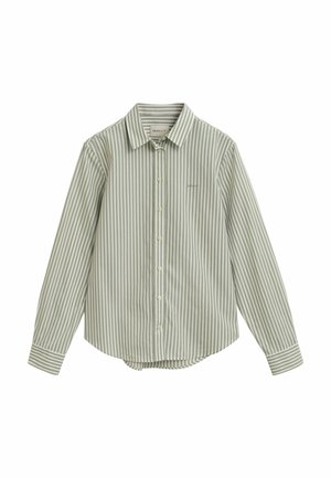 Long-sleeve button-up shirt with vertical beige and white stripes, pointed collar, and small chest logo on plain background.
