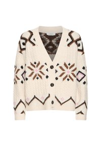 Cárdigan de punto en crema con patrones geométricos en marrón, negro y rosa, y tres botones oscuros en el frente.