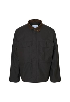 Black jacket made from smooth fabric, featuring a brown corduroy collar, two chest pockets, and a relaxed fit design.