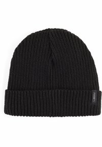 Black knit beanie hat with a ribbed texture, featuring a rolled cuff and a small black tag with white branding on the side.
