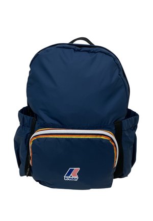 Zaino blu navy con tasca frontale con zip con bordo a righe multicolori e logo K-Way su sfondo bianco.