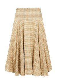 Beige karierter Rock mit ausgestelltem Design, breitem Bund und weichem, strukturiertem Stoff. Das Muster besteht aus horizontalen und vertikalen Linien.