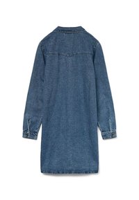 Džinsinė suknelė su ilgomis rankovėmis ir apykakle, susegama rankogaliu ir tiesaus kirpimo. Spalva vidutiniškai mėlyna, su lygiu paviršiumi.