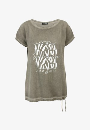 Kurzärmliges T-Shirt in Heather-Grau mit kontrastierendem weißen geometrischen Grafik- und Textdesign. Lockerer Schnitt mit verstellbarem Kordelzugsaum.