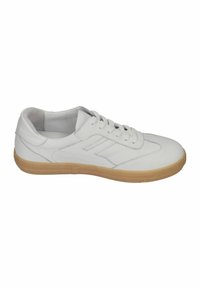 White leather sneaker with a smooth texture, lace-up front, and a gum rubber sole; features subtle seam detailing on the sides.