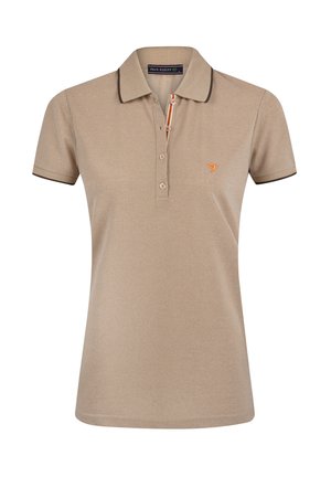 Beige poloshirt met een knoopsluiting, bruin accent bij de kraag en een oranje logo. Gemaakt van textuurstof met korte mouwen.