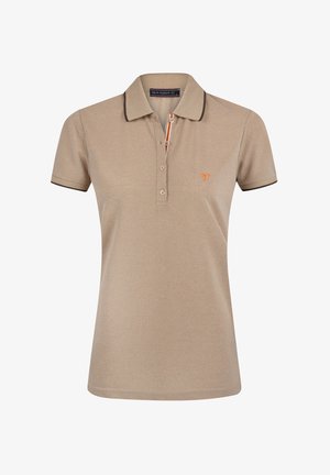 Beige polo särk nuppudega, pruuni aktsentkrae ja oranži logoga. Valmistatud tekstuurkleest lühikeste varrukatega.