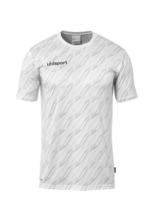 Hvid T-shirt med korte ærmer, der har et diagonalt mønster, lavet af åndbart stof, med logoet "uhlsport" trykt i sort på forsiden.