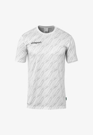 Hvid T-shirt med korte ærmer, der har et diagonalt mønster, lavet af åndbart stof, med logoet "uhlsport" trykt i sort på forsiden.