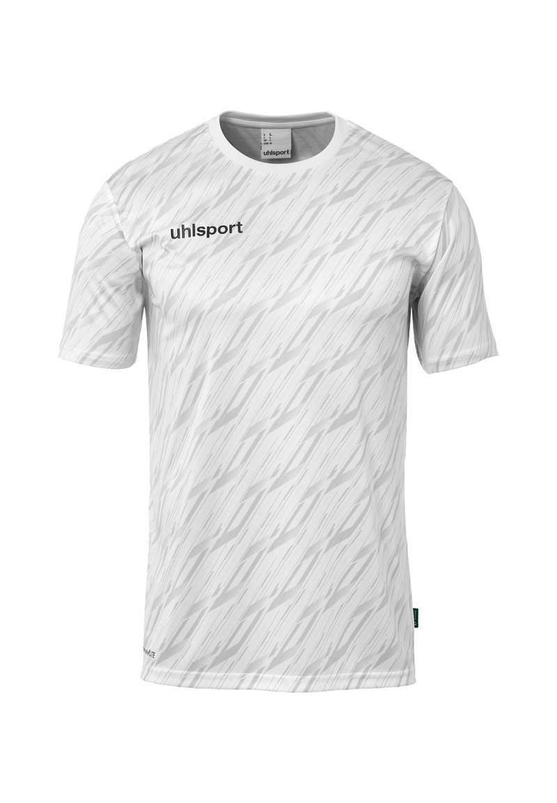 Witte T-shirt met korte mouwen, voorzien van een diagonale patroon, gemaakt van ademend materiaal, met het logo "uhlsport" in het zwart gedrukt op de voorkant.