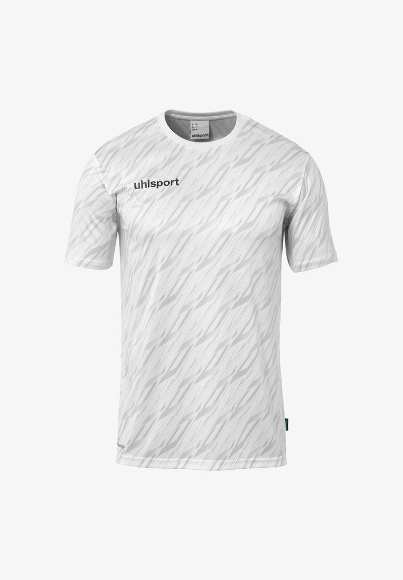 Witte T-shirt met korte mouwen, voorzien van een diagonale patroon, gemaakt van ademend materiaal, met het logo "uhlsport" in het zwart gedrukt op de voorkant.