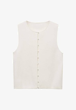Sleeveless, cream-colored top with a round neckline and a front button closure featuring small, white buttons. Smooth fabric texture.
