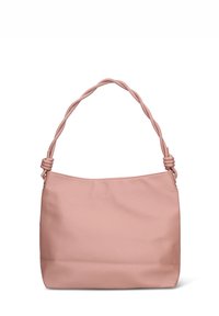 Borsa a spalla in pelle rosa con superficie testurizzata, manico intrecciato e forma arrotondata. Chiusura con cerniera in cima.