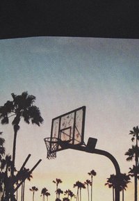 Czarny materiał z motywem zachodu słońca, z koszem do koszykówki, przezroczystą tablicą i sylwetkami palm na tle gradientowego nieba.