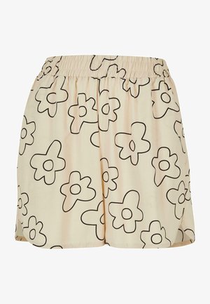 Pantaloni scurți florali cu talie elastică, având un fundal crem și contururi îndrăznețe de flori negre, textură netedă și croială lejeră.
