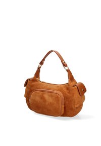Bruine suède schoudertas met leren accenten; heeft een afgeronde vorm, een bovenste ritssluiting en een voorste ritsvak.
