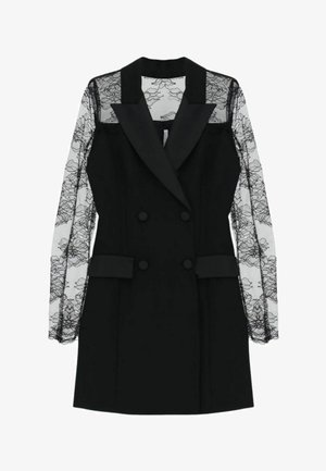 Abito blazer nero doppiopetto con rever in raso e maniche lunghe in pizzo floreale trasparente e corpetto superiore.