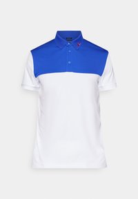 Polotröja med en blå ovandel och vit nederdel, med en knapp-up krage och en liten logotypdetalj på vänster krage.