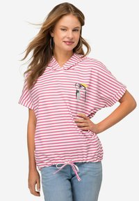 Sudadera con capucha a rayas con rayas verticales rosas y blancas, dobladillo ajustado y diseño gráfico en el pecho. Fabricada con un tejido ligero y suave.