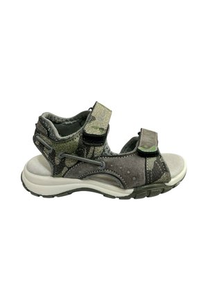 Sandalo outdoor per bambini con cinturini camouflage verdi e grigi e suola bianca imbottita, con chiusure in velcro regolabili.