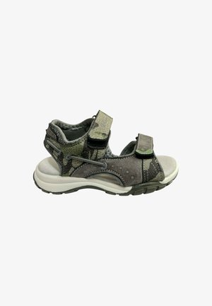 Sandalo outdoor per bambini con cinturini camouflage verdi e grigi e suola bianca imbottita, con chiusure in velcro regolabili.