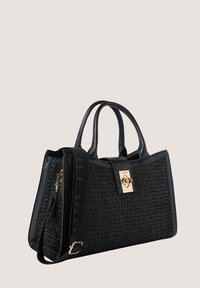 Black handbag with textured fabric and leather accents. Features a gold hardware clasp, two top handles, and a detachable strap.