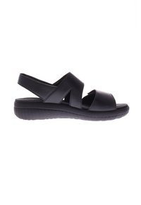 Black sandals feature a soft leather upper with crisscross straps, a cushioned footbed, and a flexible, textured rubber sole.