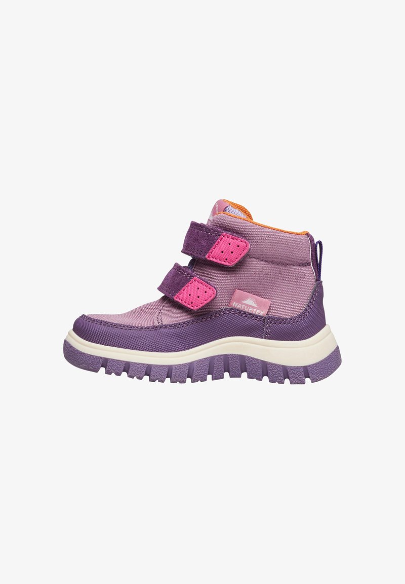 Purple hiking boot with two pink Velcro straps, textured fabric, orange inner lining, and a white rubber sole with a patterned grip.