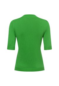 Grüner gestrickter Kurzarmpullover mit Rundhalsausschnitt. Glatte Textur, taillierte Form und gerippte Bündchen und Saum. Rückansicht gezeigt.