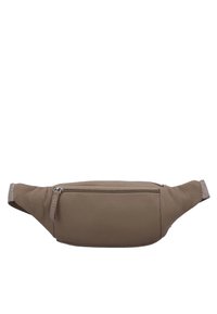 Leren heuptasje in een gedempt taupe kleur. Glad textuur, met een ritsvak en stoffen accenten op de band. Compact ontwerp.