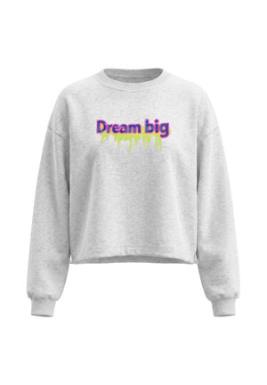 Lysegrå cropped sweatshirt med lange ærmer og farverig "Dream big" tekst med gule malingdråber på fronten.