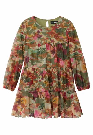 Robe à manches longues à étages avec motif floral et camouflage multicolore dans des nuances de vert, rose, orange et rouge.