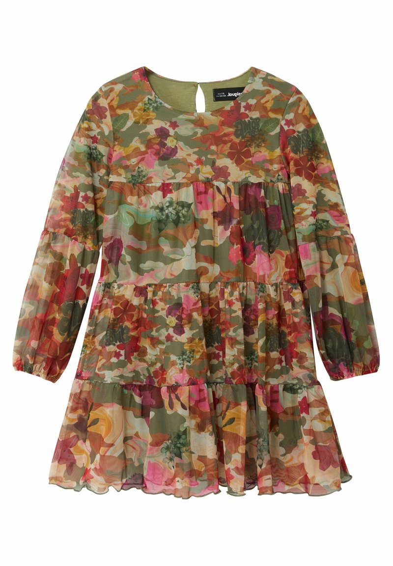 Robe à manches longues à étages avec motif floral et camouflage multicolore dans des nuances de vert, rose, orange et rouge.