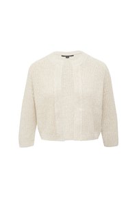 Cardigan tricoté couleur crème avec un col rond, une ouverture devant et des manches trois-quarts. Présente un motif texturé sur toute la surface.