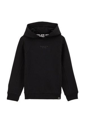 Sweatshirt noir avec capuche, comportant des poignets et un ourlet côtelés. Logo "SALTY DOG" imprimé dans une teinte plus foncée à l'avant, design simple.